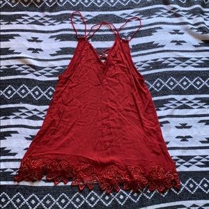 Red lace detailed slip dress.